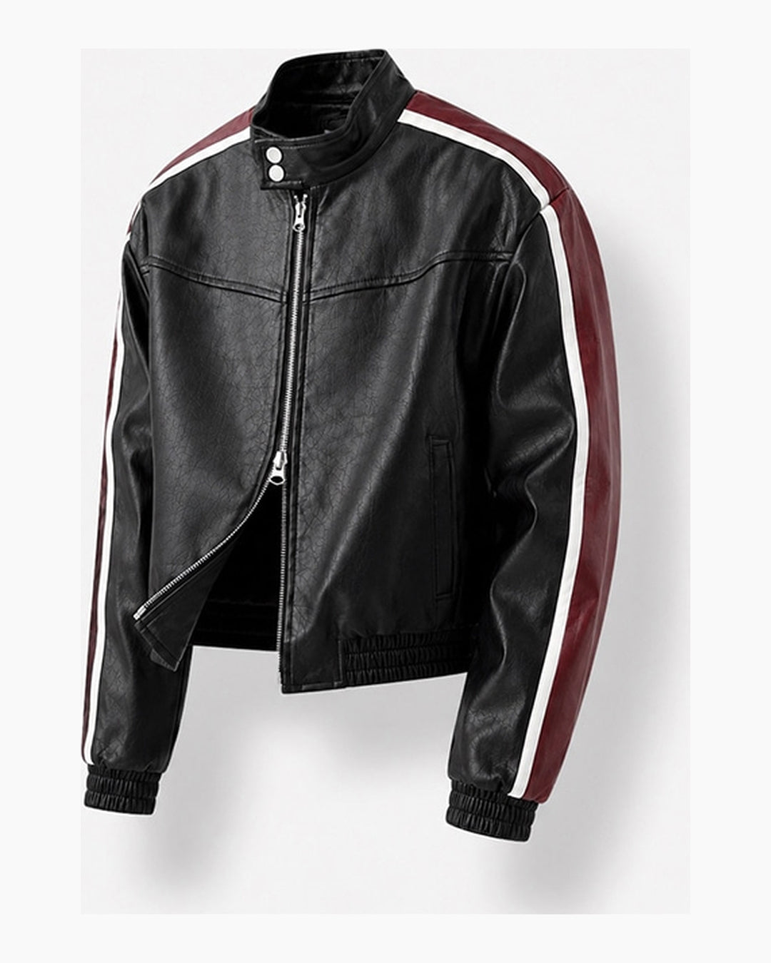 (UNISEX) Racing Contrast Cropped Faux Leather Jacket