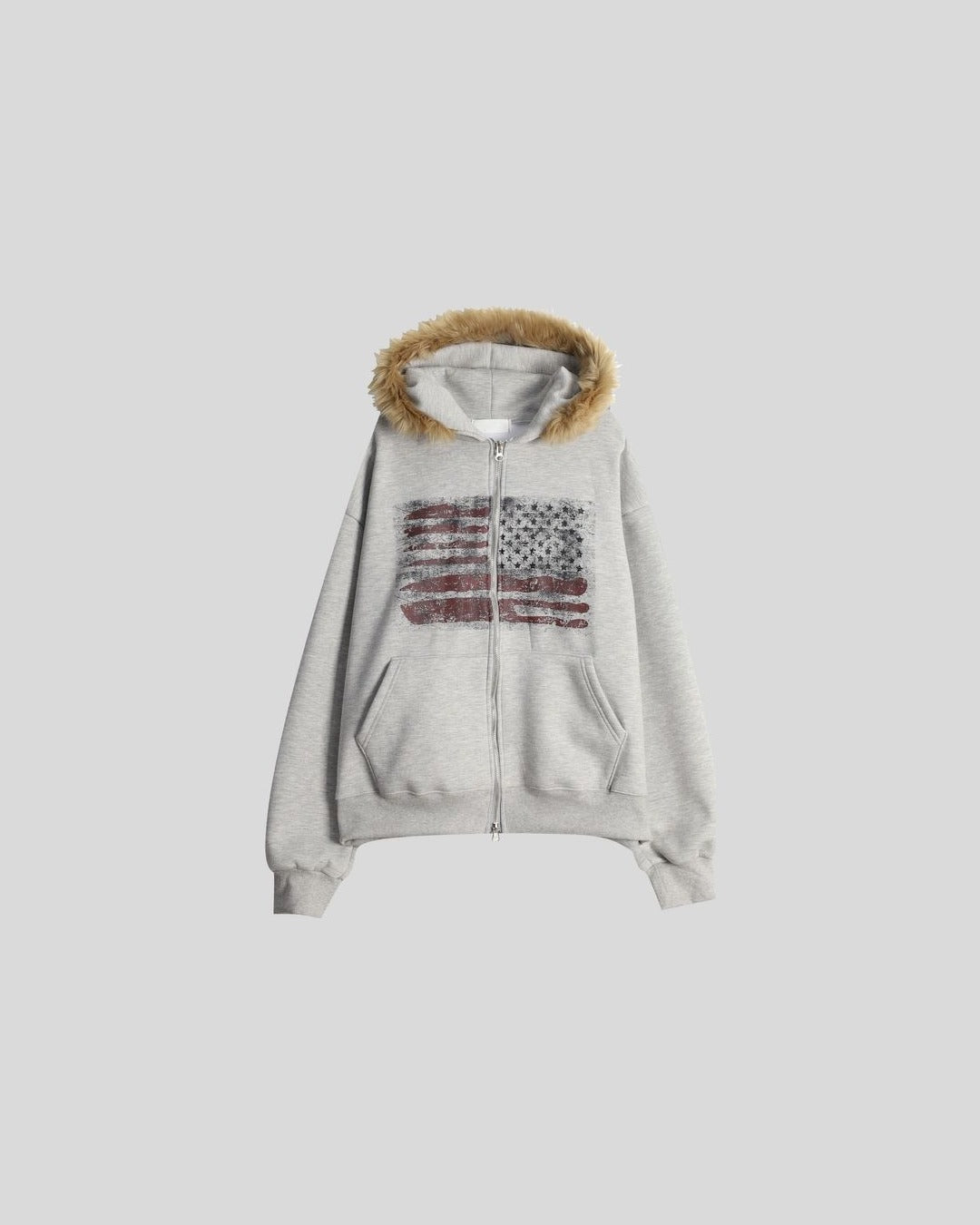 (UNISEX) USA Flag Fur Hood Zip-up