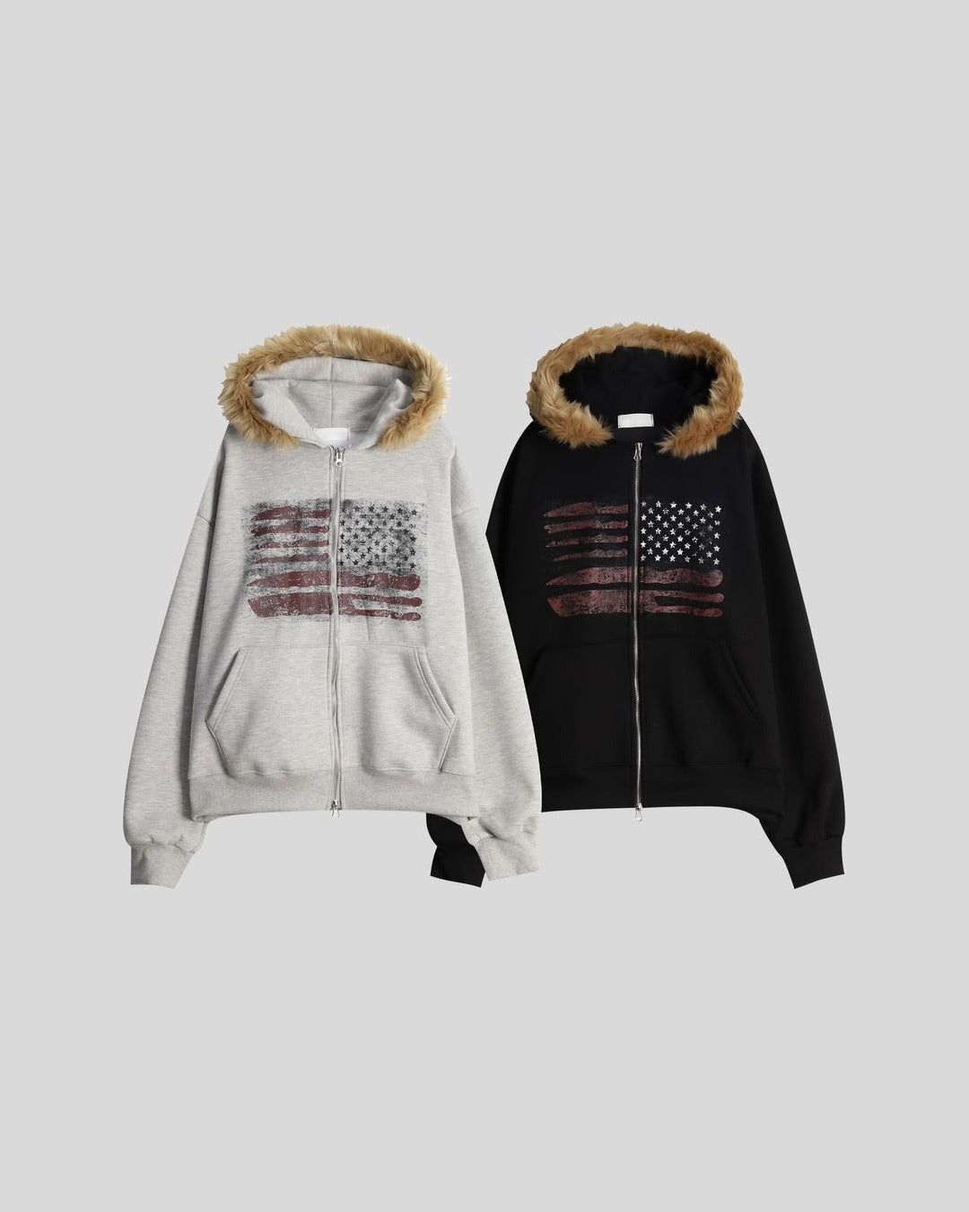 (UNISEX) USA Flag Fur Hood Zip-up