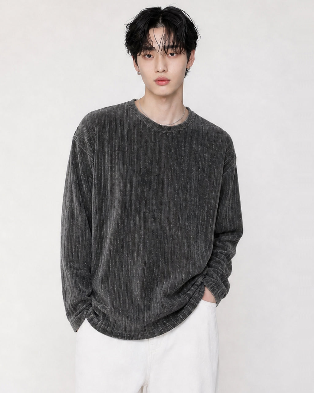 (UNISEX) Velour Ribbed Round Long Sleeve