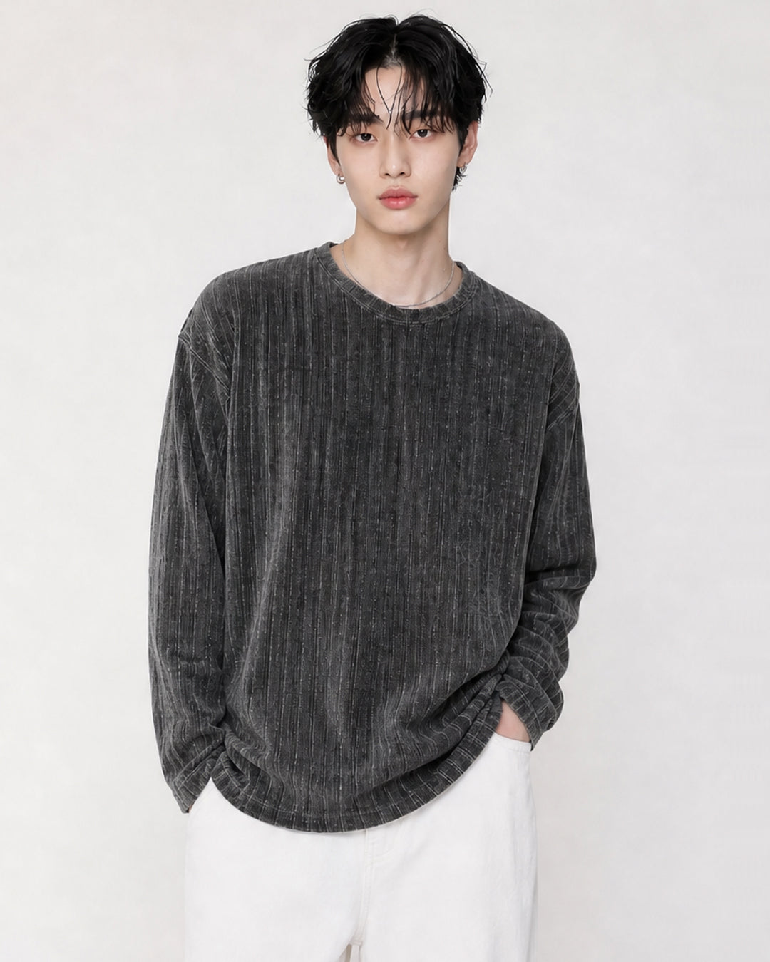 (UNISEX) Velour Ribbed Round Long Sleeve