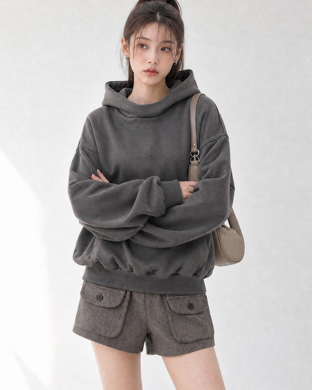 (UNISEX) Half High Neck Crop Hoodie