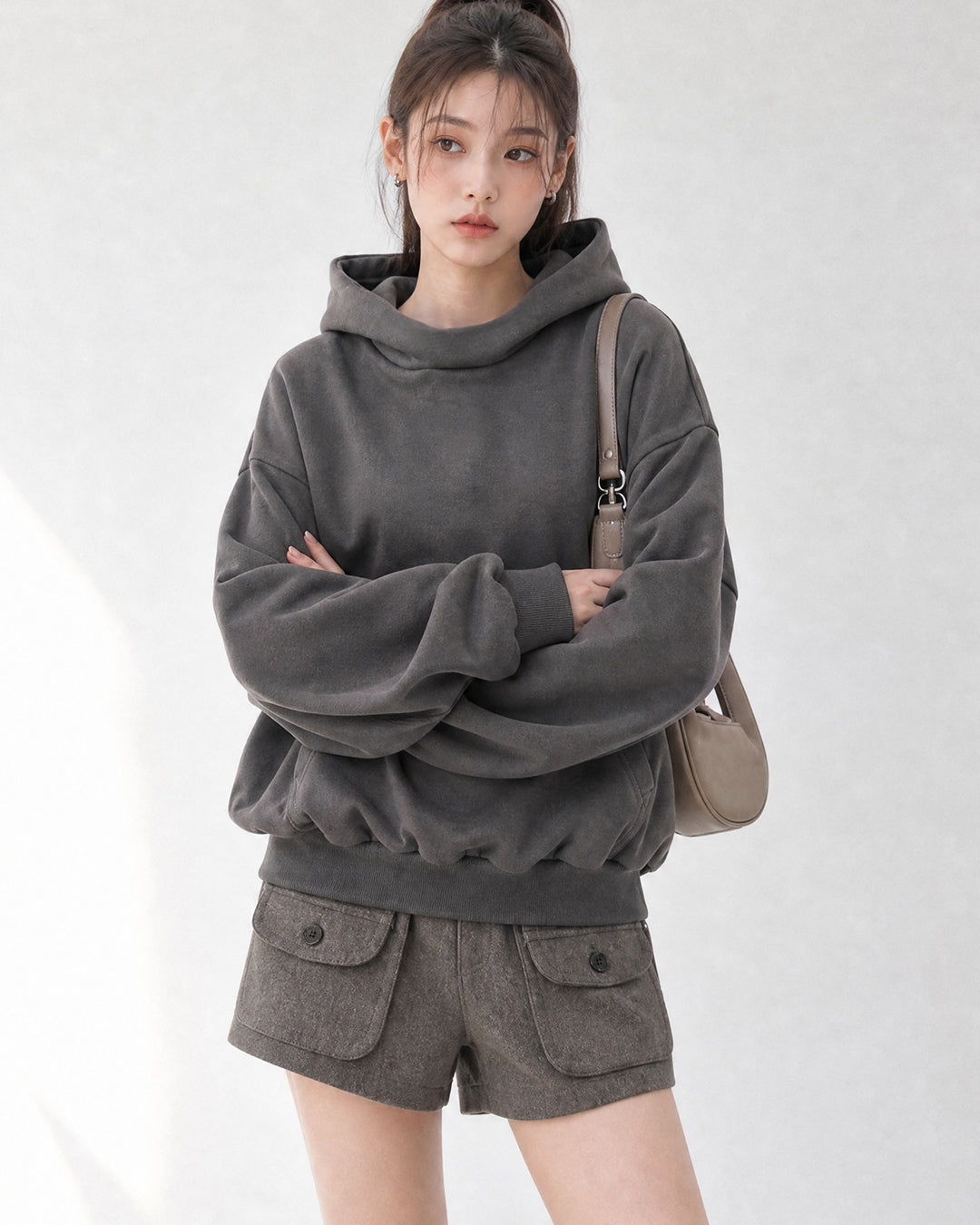 (UNISEX) Half High Neck Crop Hoodie