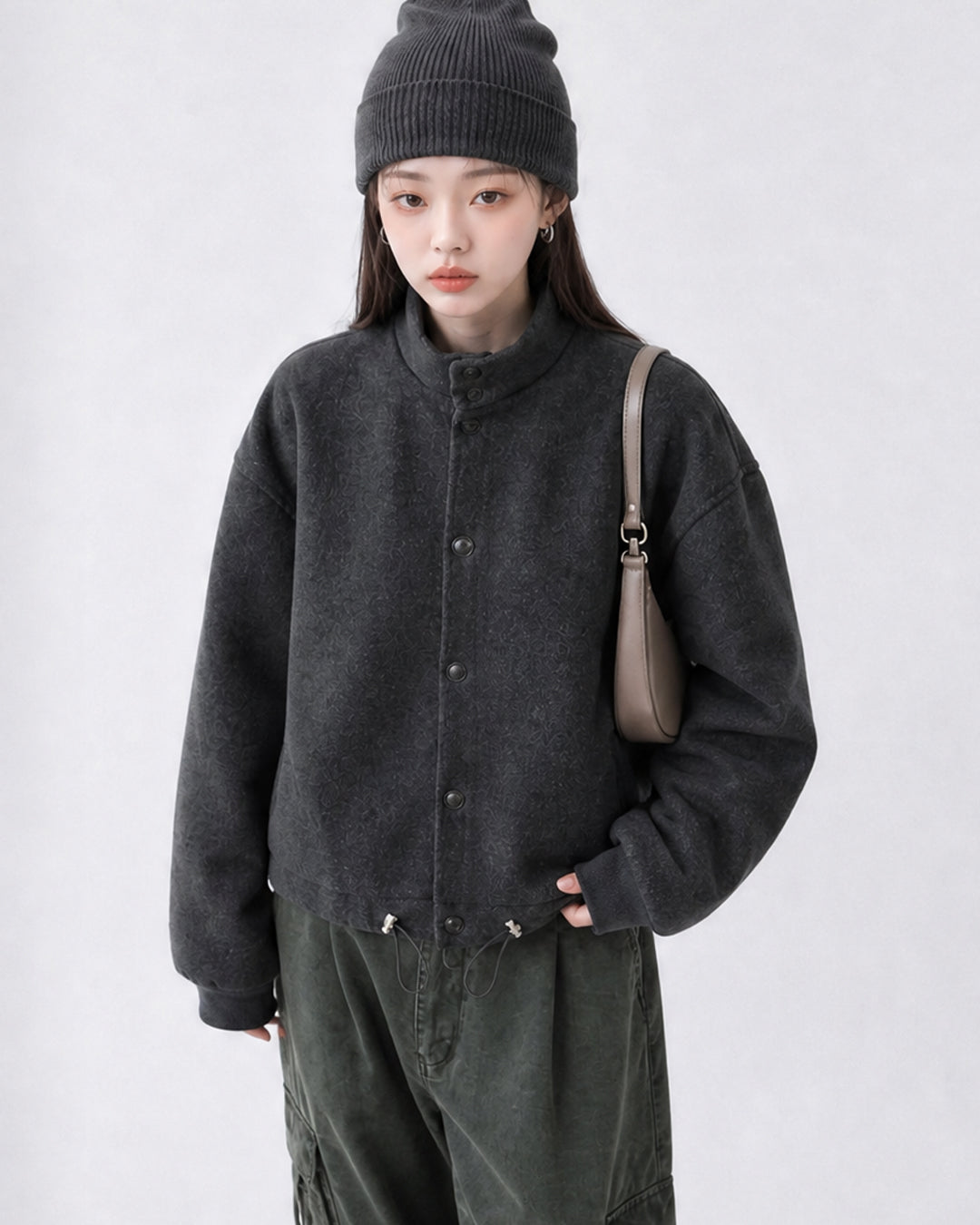 (UNISEX) Suede-Touch High Neck Cardigan
