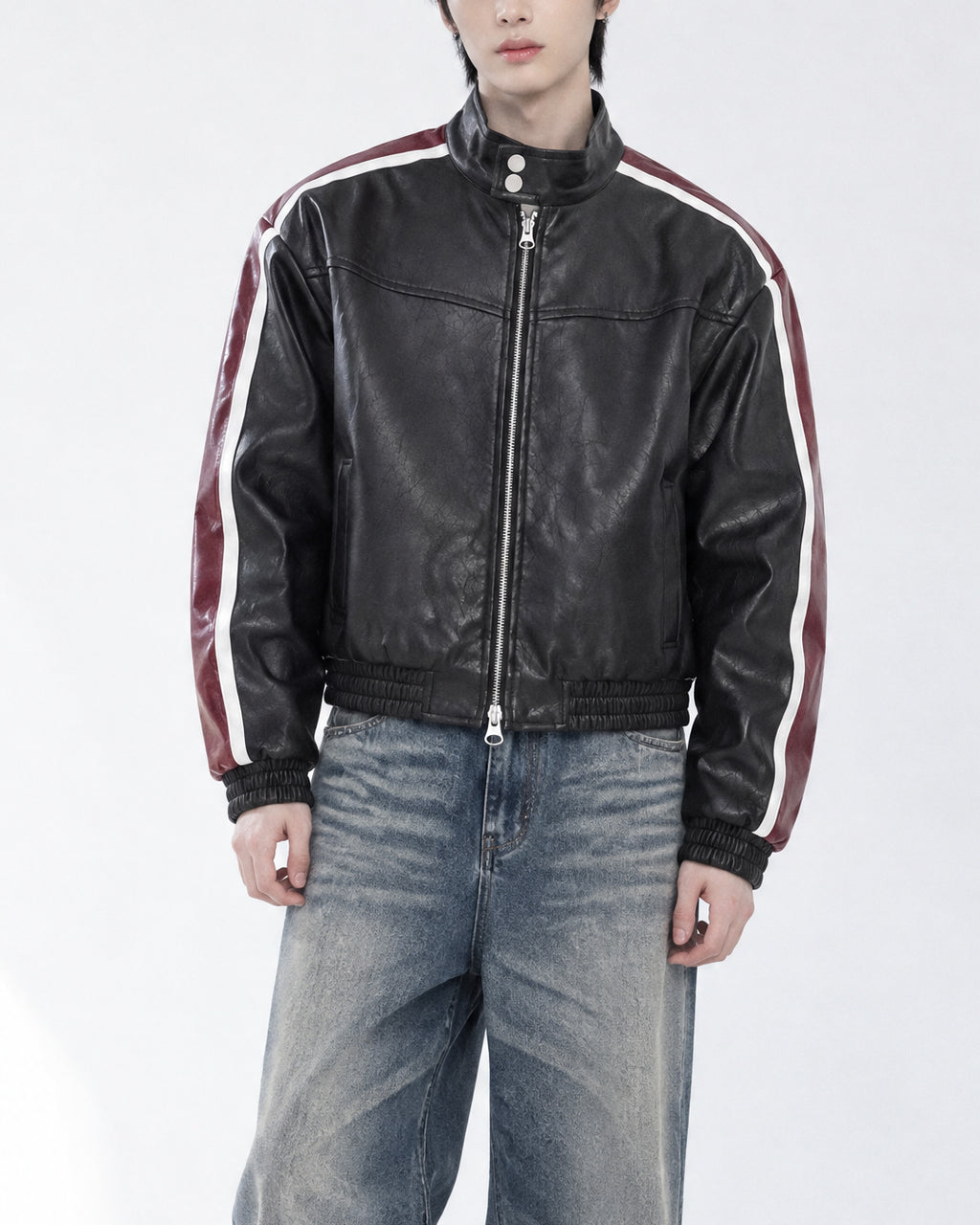(UNISEX) Racing Contrast Cropped Faux Leather Jacket