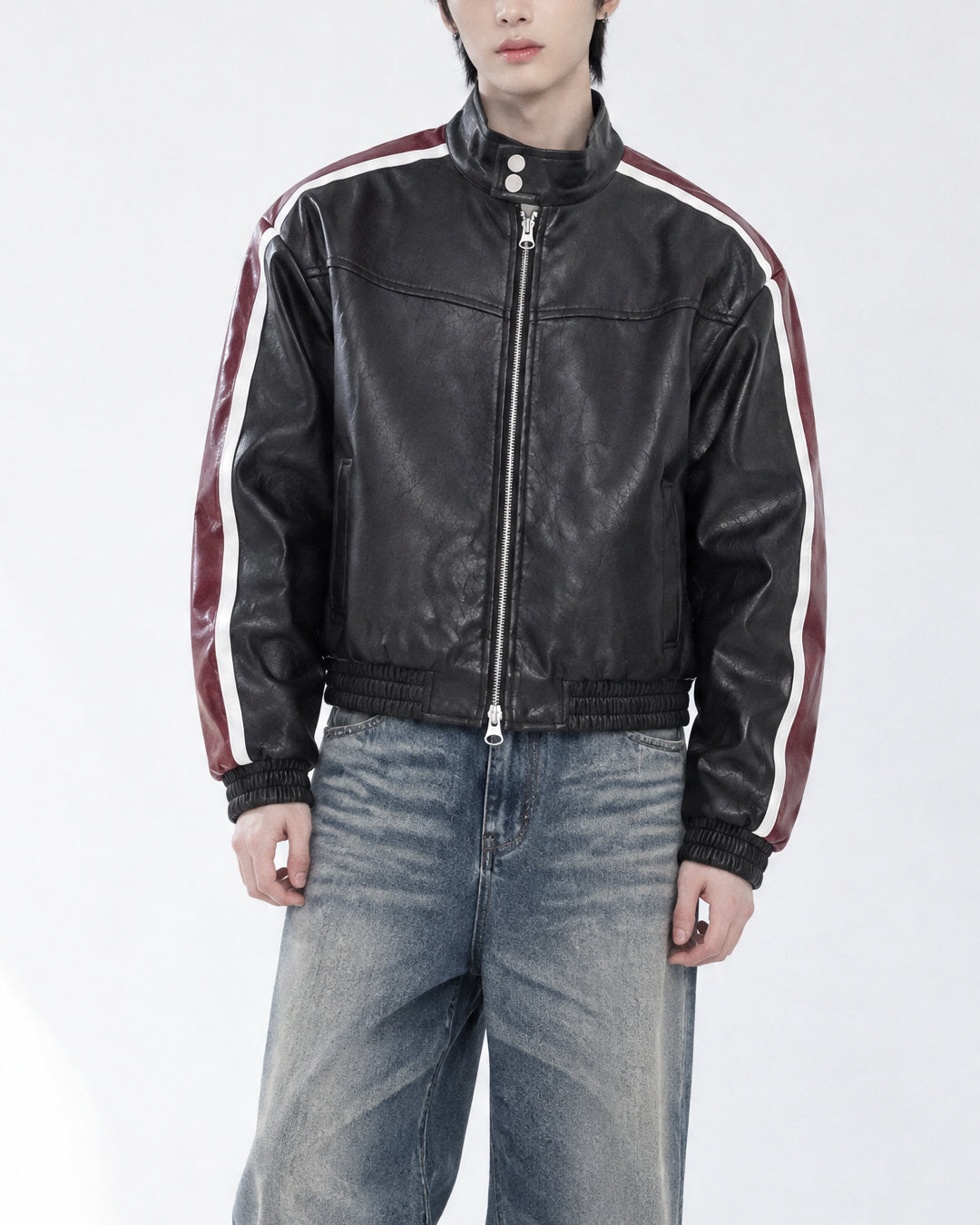 (UNISEX) Racing Contrast Cropped Faux Leather Jacket