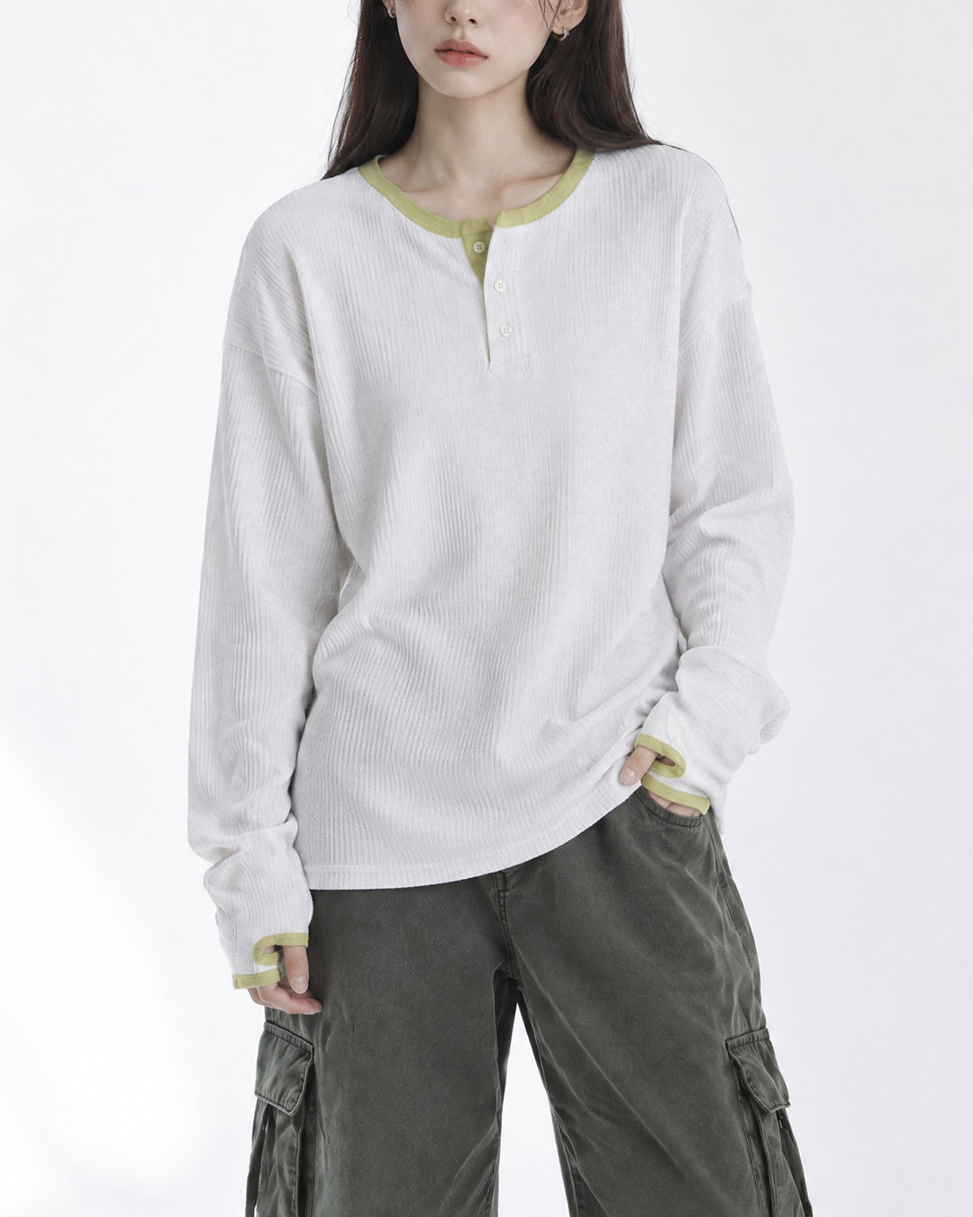 (UNISEX) Henley Neck Waffle Warmer Tee