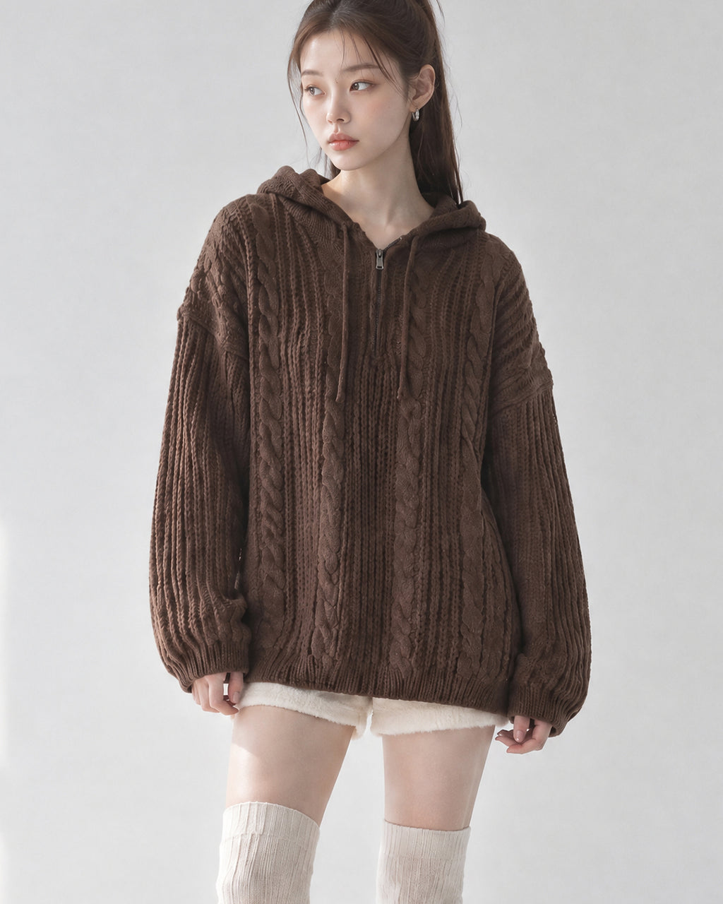 (UNISEX) Follow Half Zip Cable Knit Hoodie
