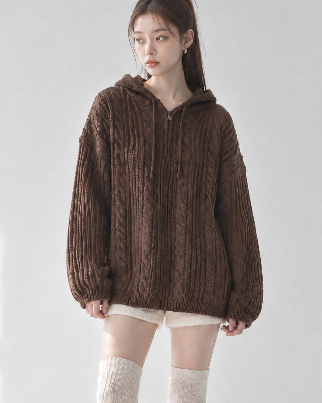 (UNISEX) Follow Half Zip Cable Knit Hoodie