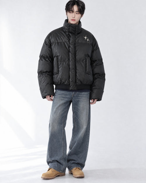 (UNISEX) Metal Emblem Leather Down Jacket