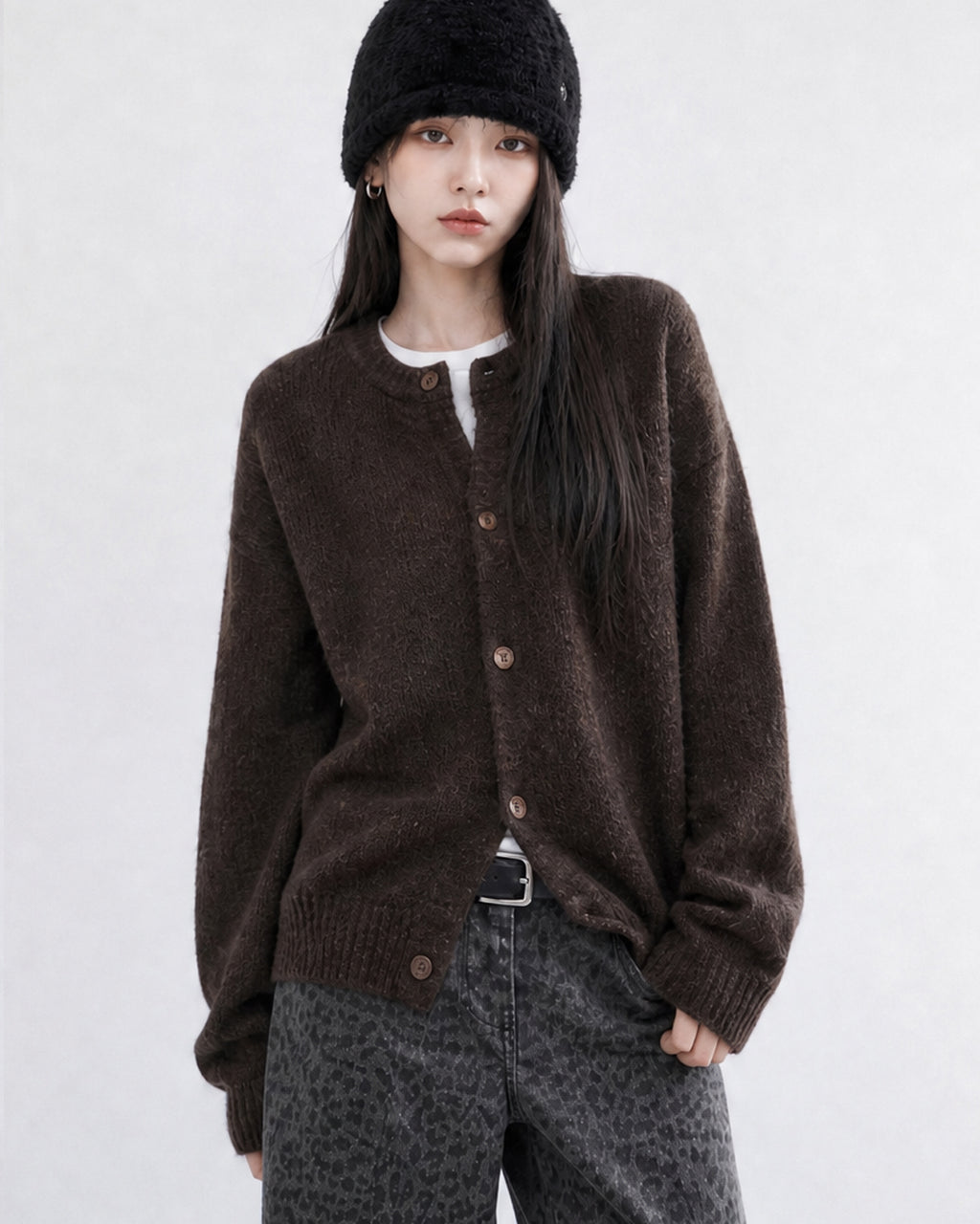 (UNISEX) Wool-mix Heavy Brush Knit Cardigan