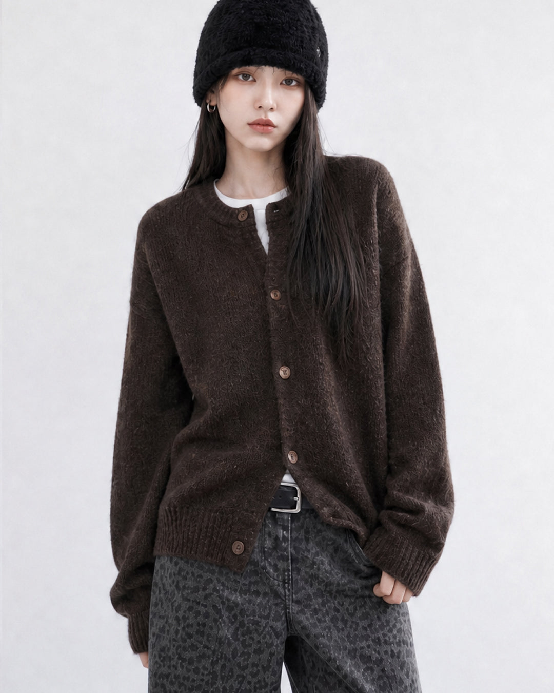 (UNISEX) Wool-mix Heavy Brush Knit Cardigan