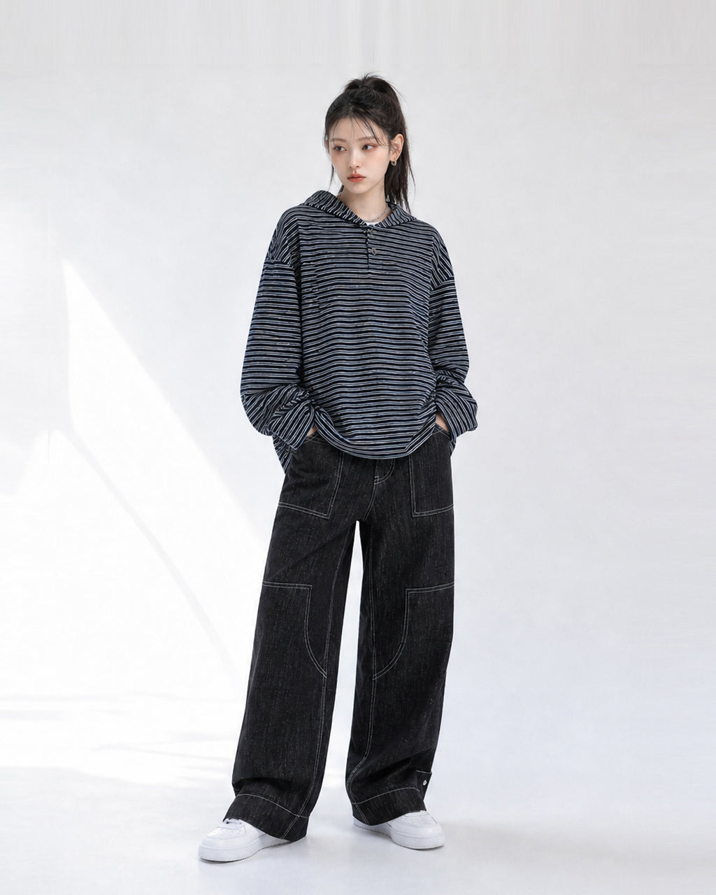 (UNISEX) Multi Stripe Hood Long Sleeve