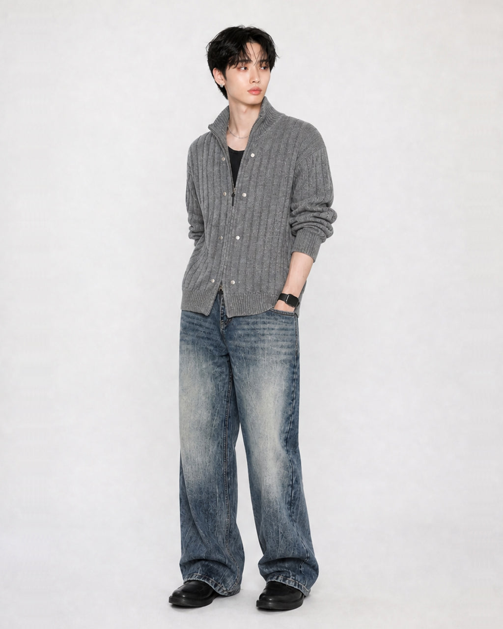 (UNISEX) Rivet Ribbed Knit Zip-Up