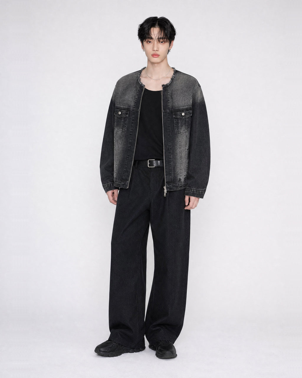 (UNISEX) No-Collar Over Denim Jacket