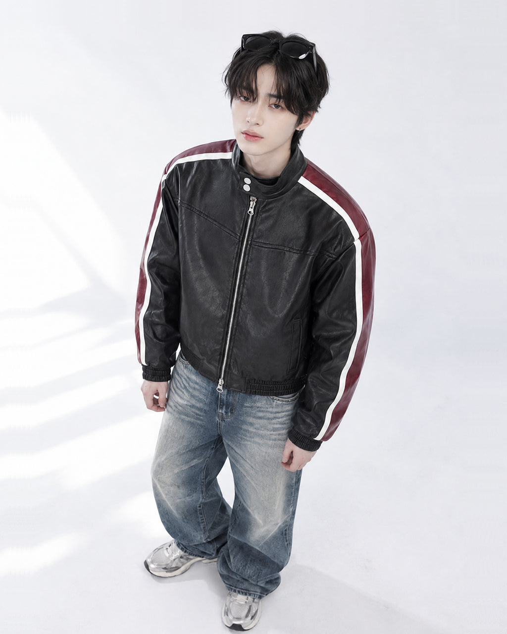 (UNISEX) Racing Contrast Cropped Faux Leather Jacket