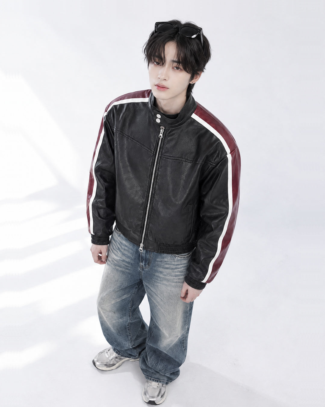 (UNISEX) Racing Contrast Cropped Faux Leather Jacket
