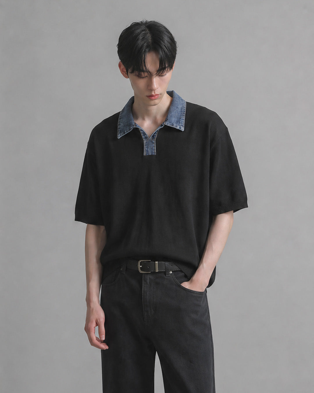 (M's) Denim Collar Half Knit