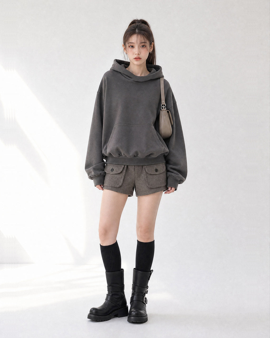 (UNISEX) Half High Neck Crop Hoodie