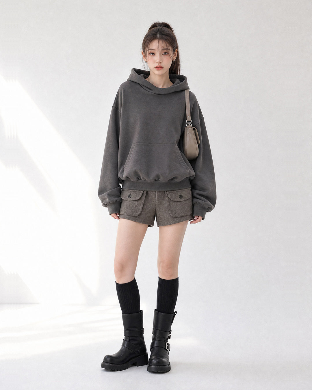 (UNISEX) Half High Neck Crop Hoodie