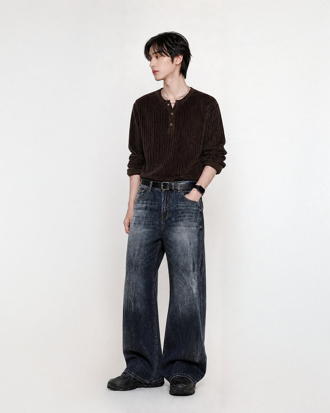 (M's) Velour Henley Neck Long Sleeve