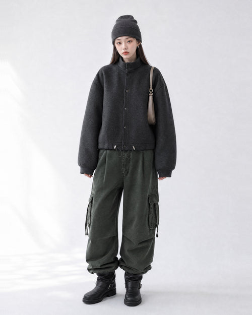 (UNISEX) Suede-Touch High Neck Cardigan