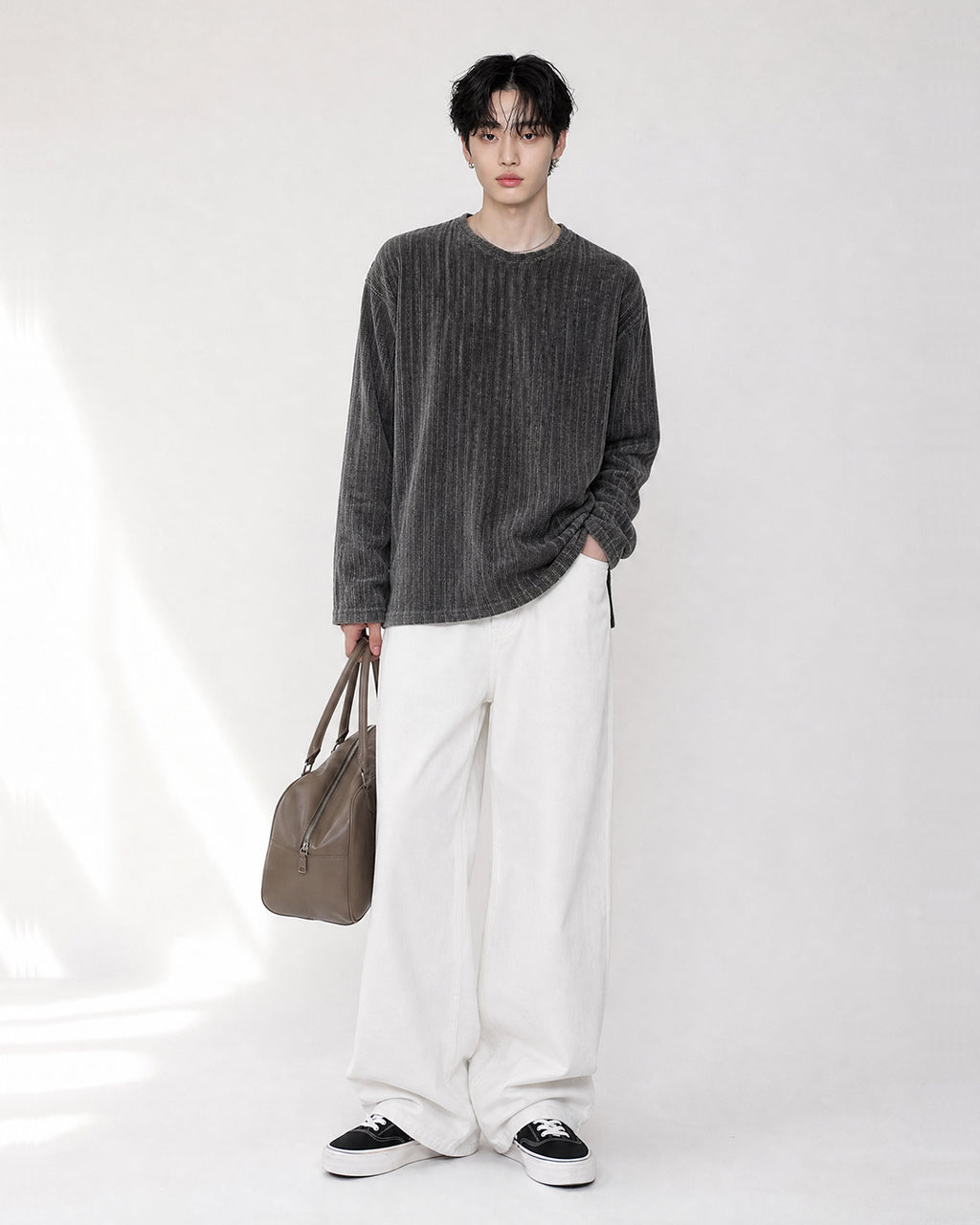 (UNISEX) Velour Ribbed Round Long Sleeve