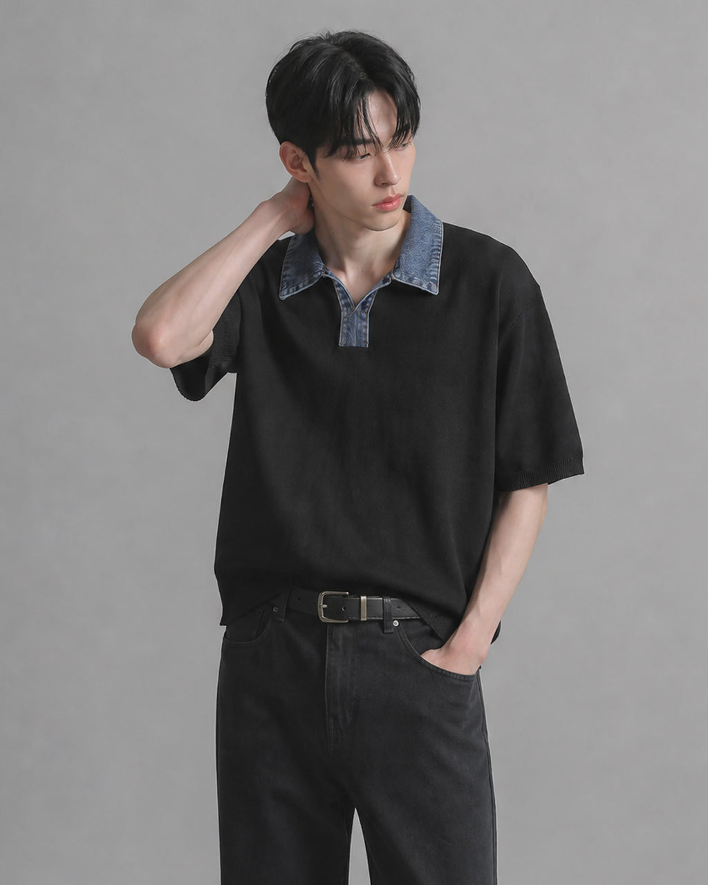 (M's) Denim Collar Half Knit