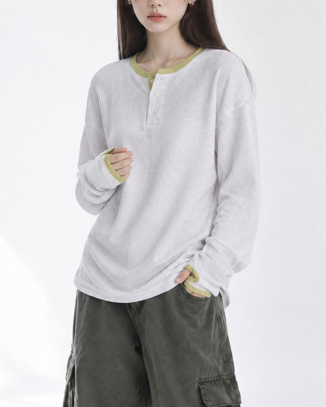(UNISEX) Henley Neck Waffle Warmer Tee