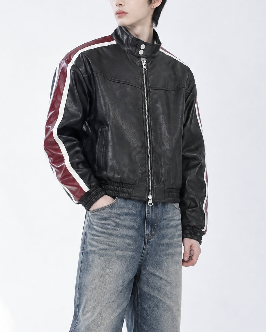 (UNISEX) Racing Contrast Cropped Faux Leather Jacket