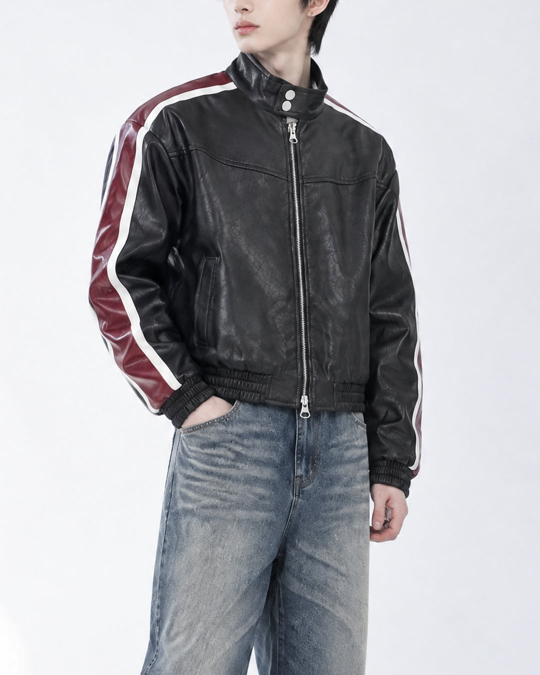 (UNISEX) Racing Contrast Cropped Faux Leather Jacket