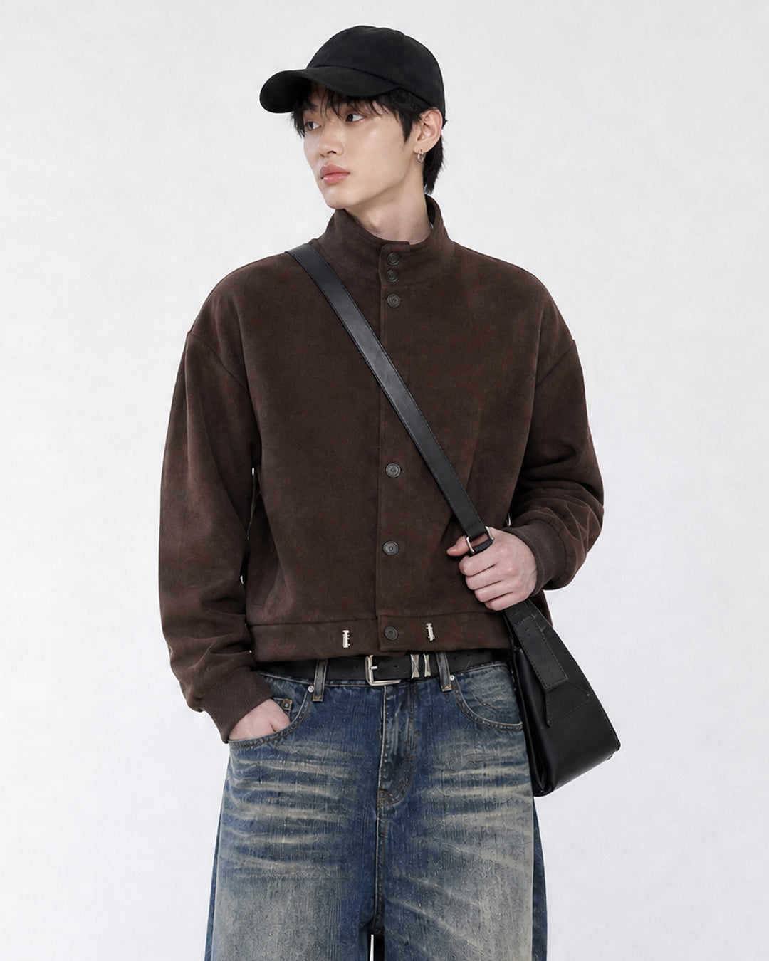 (UNISEX) Suede-Touch High Neck Cardigan
