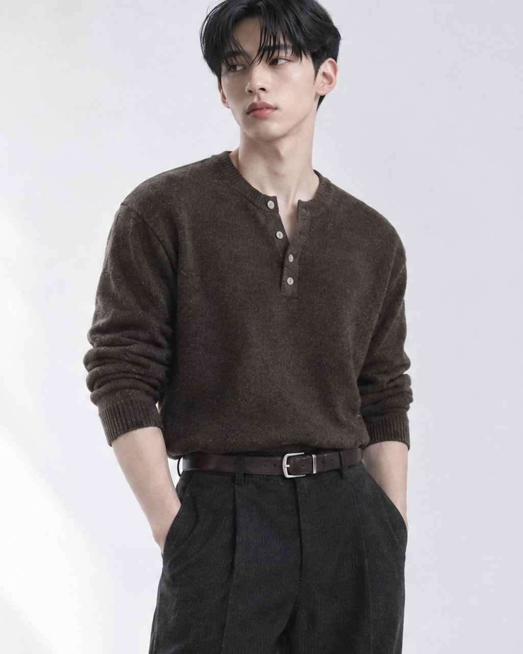 (UNISEX) Pone Henley Neck Wool Mix Knit