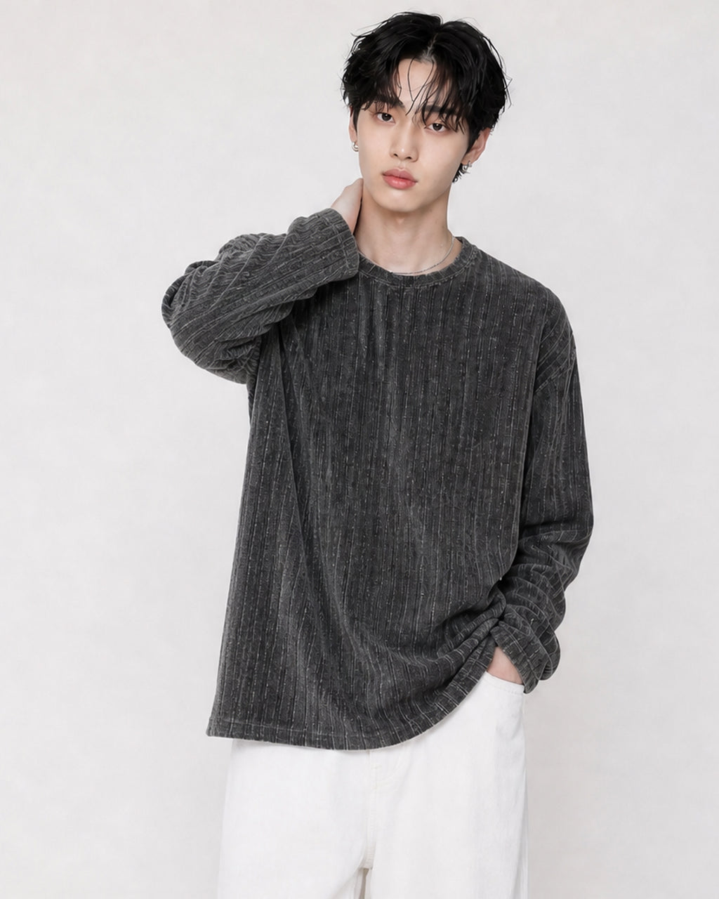 (UNISEX) Velour Ribbed Round Long Sleeve