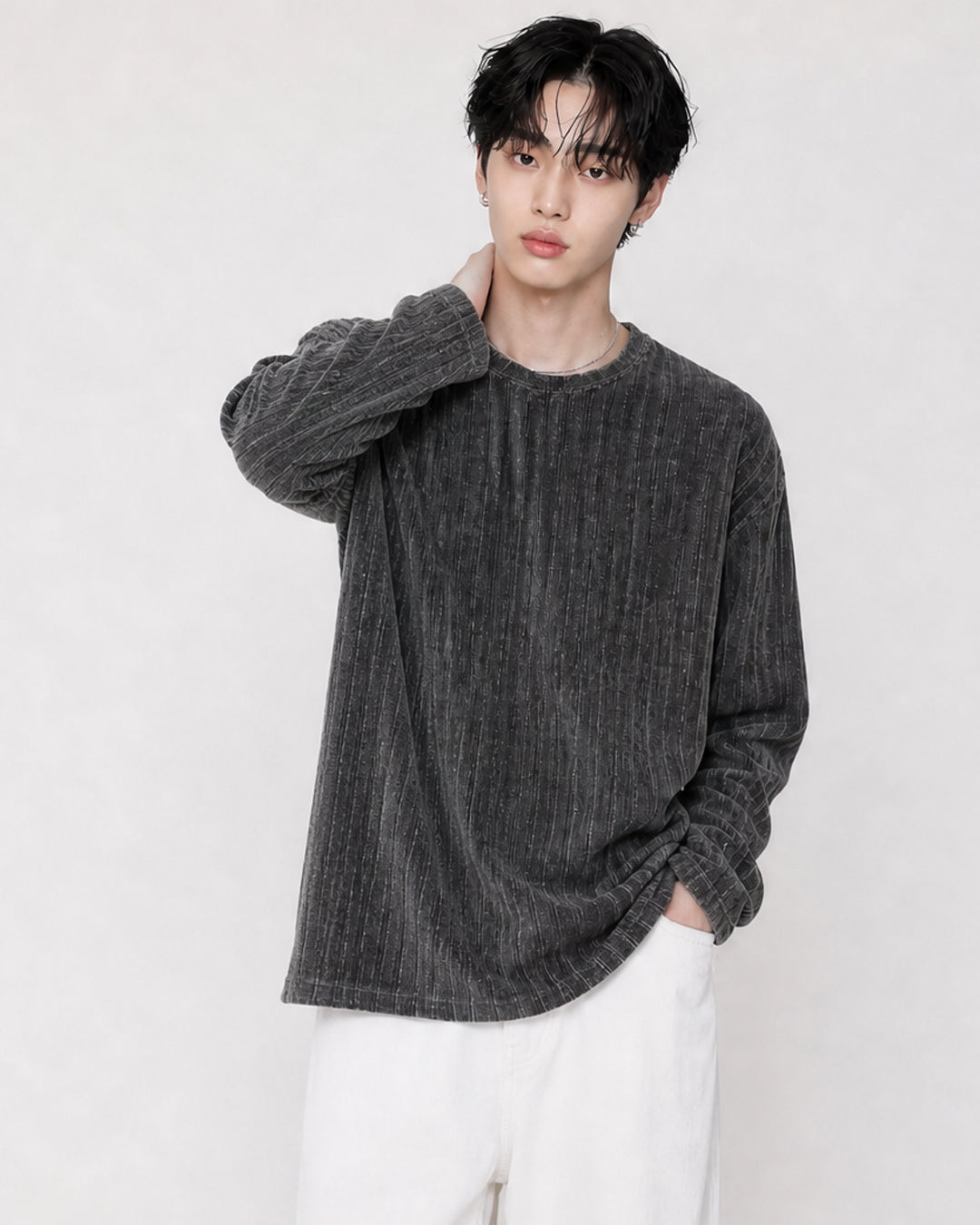 (UNISEX) Velour Ribbed Round Long Sleeve