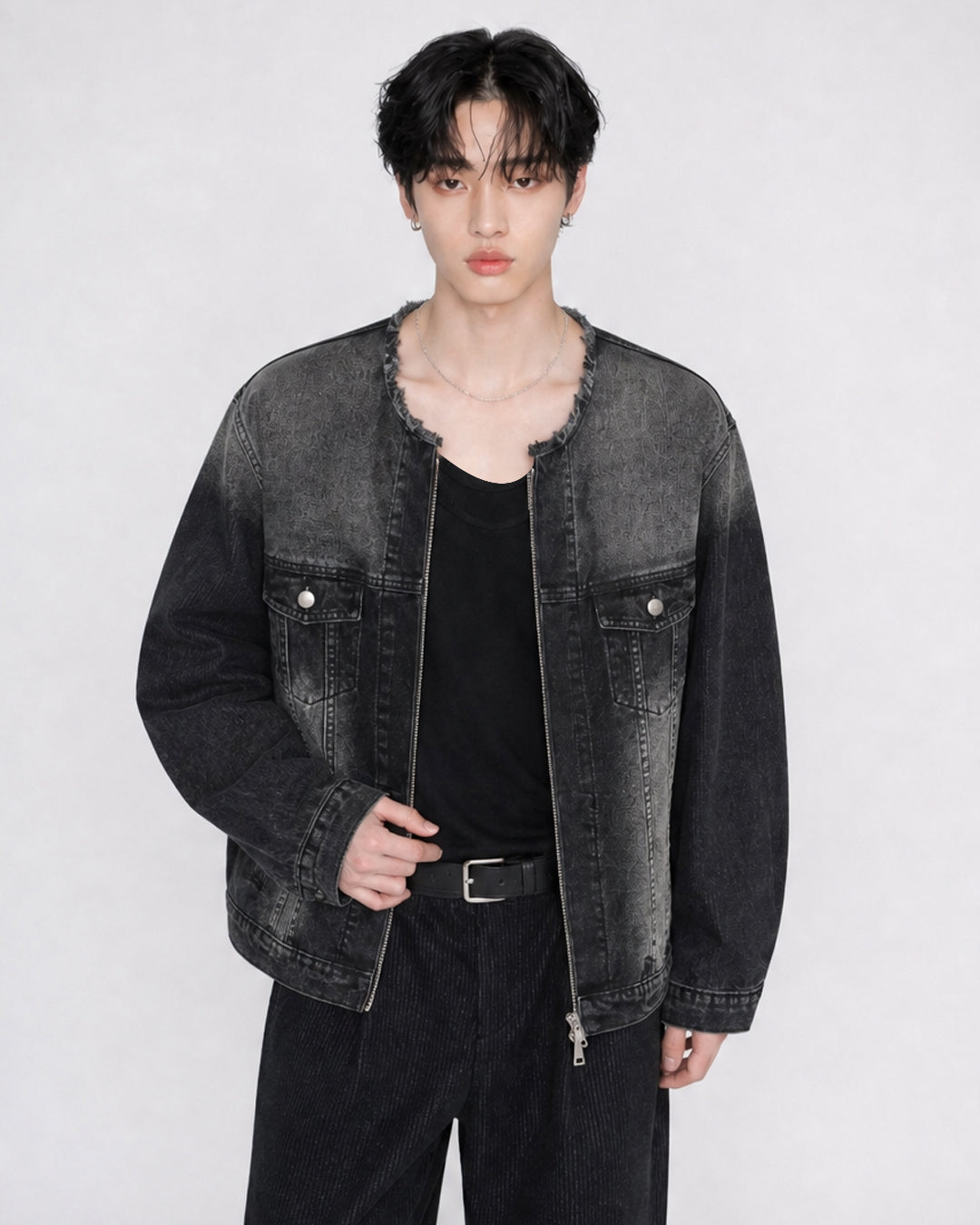 (UNISEX) No-Collar Over Denim Jacket