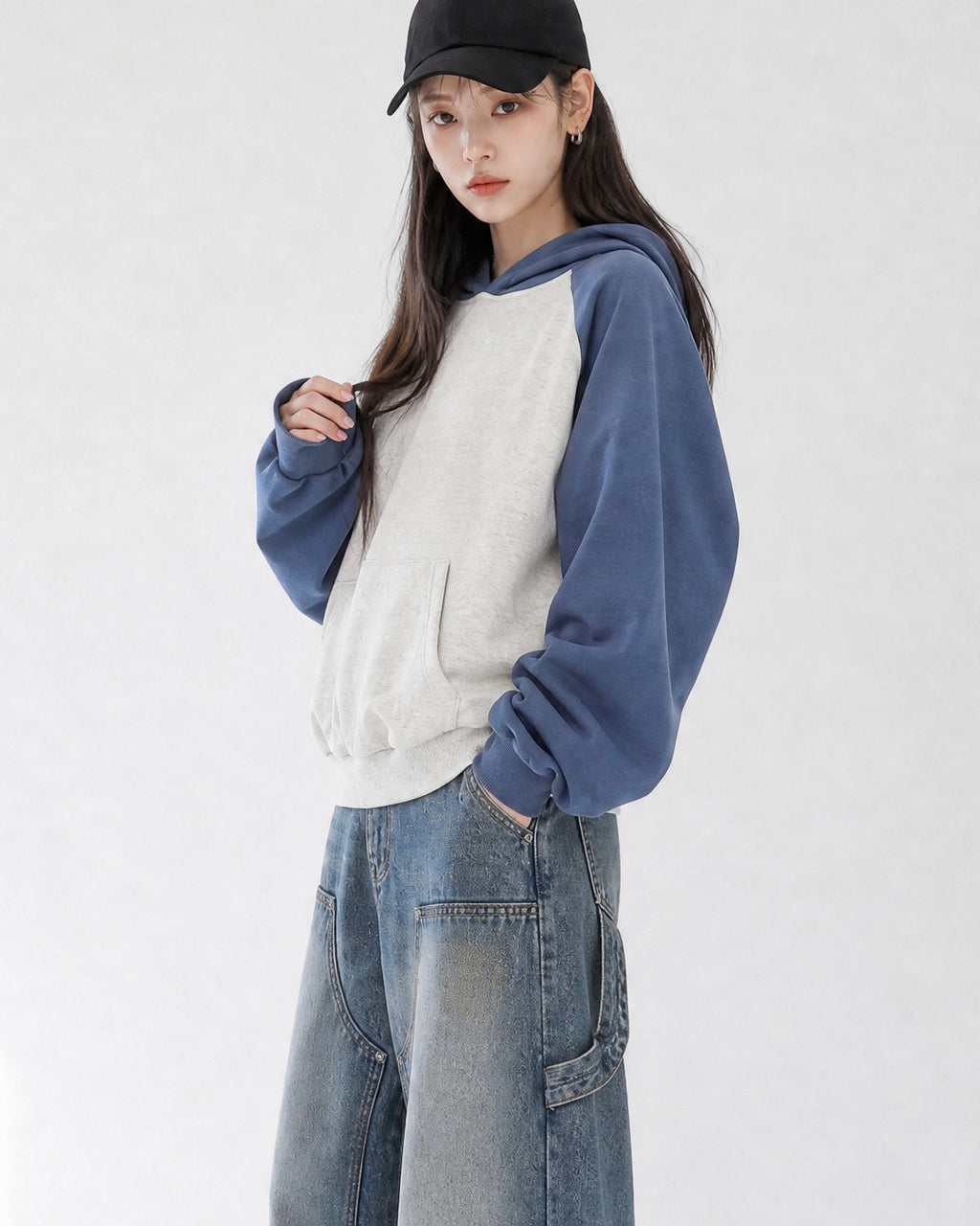 (UNISEX) Raglan Color Block Crop Hoodie