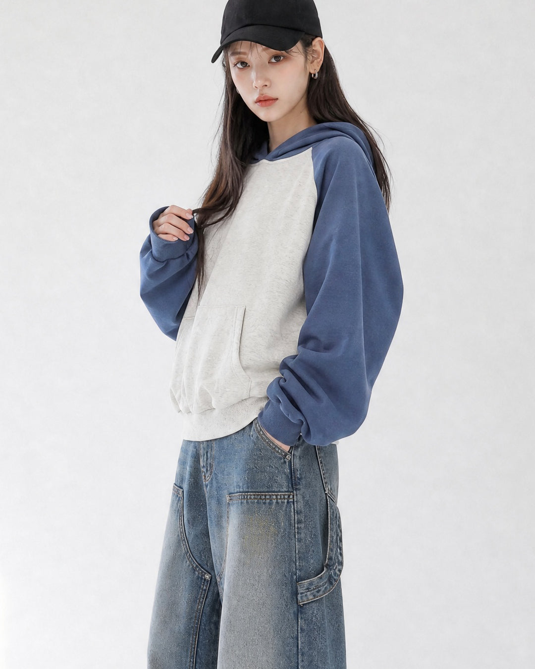 (UNISEX) Raglan Color Block Crop Hoodie