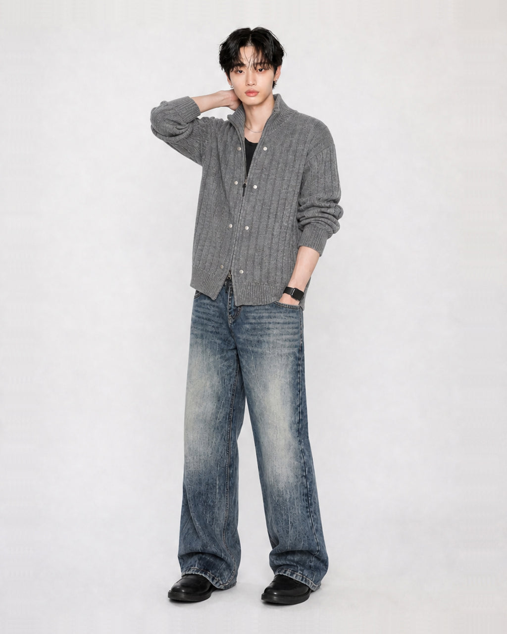 (UNISEX) Rivet Ribbed Knit Zip-Up