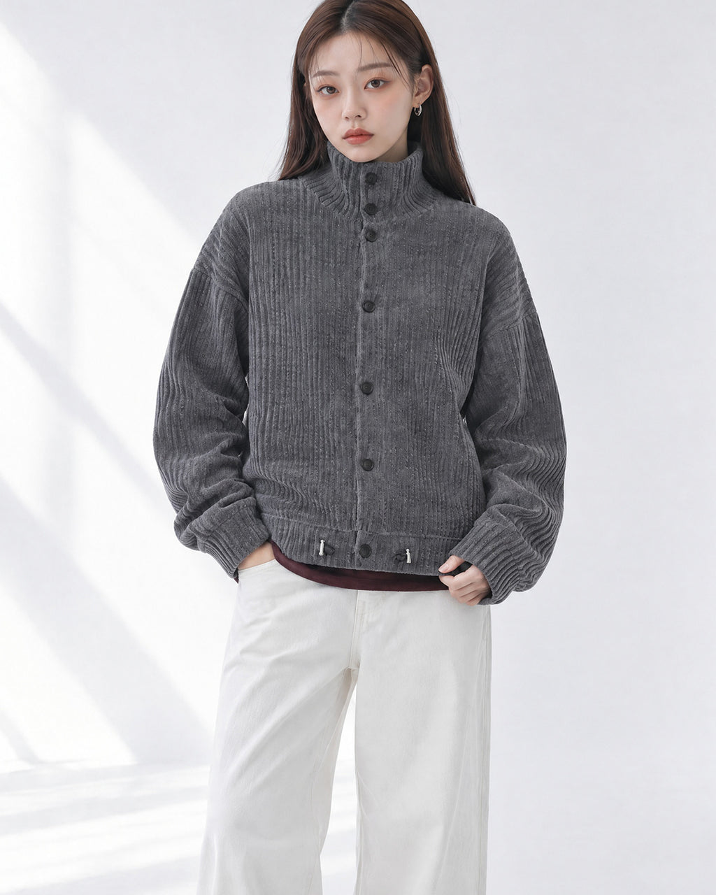 (UNISEX) Velour High Neck Cardigan