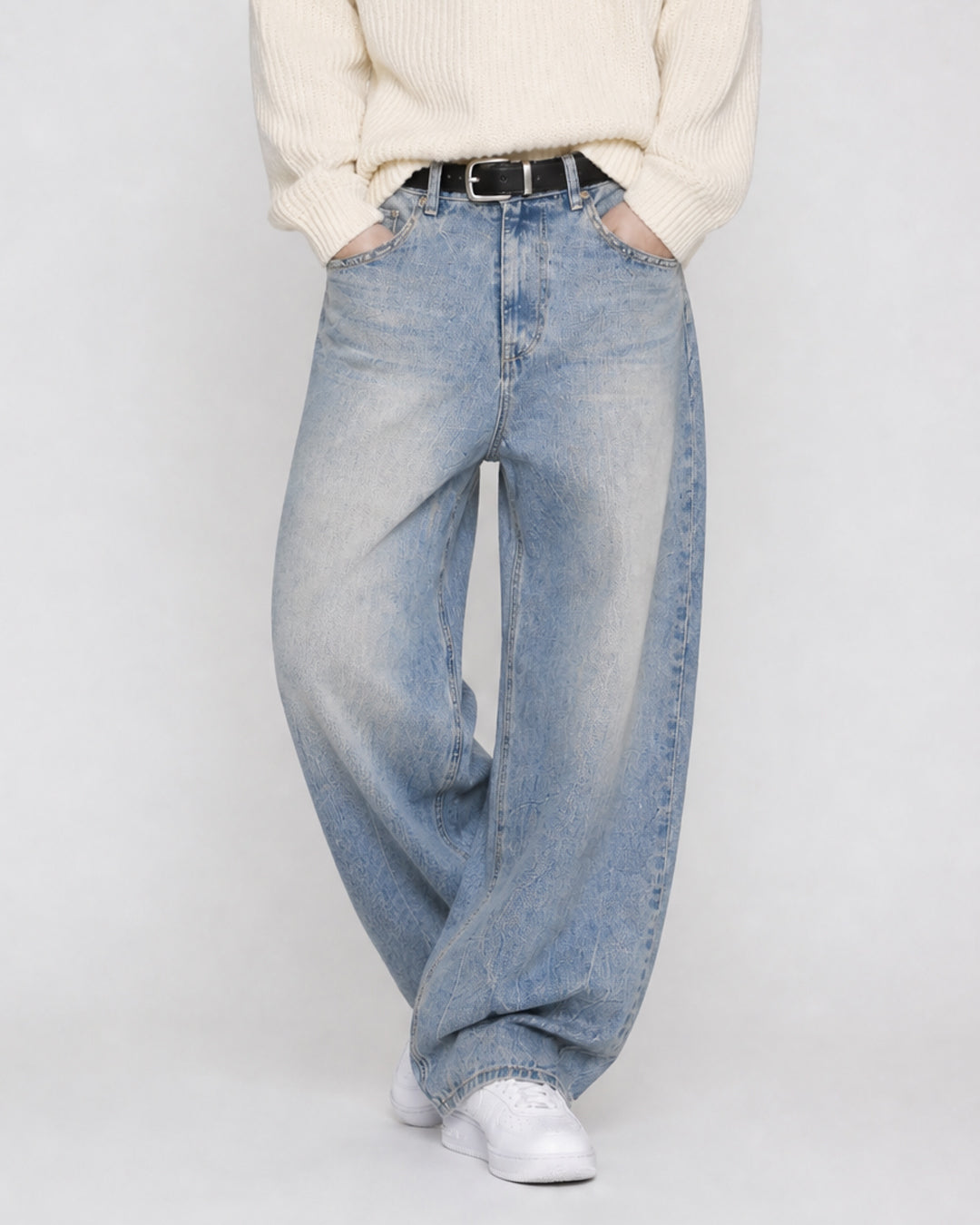 (UNISEX) Fringe Pocket Crack Washed Jeans