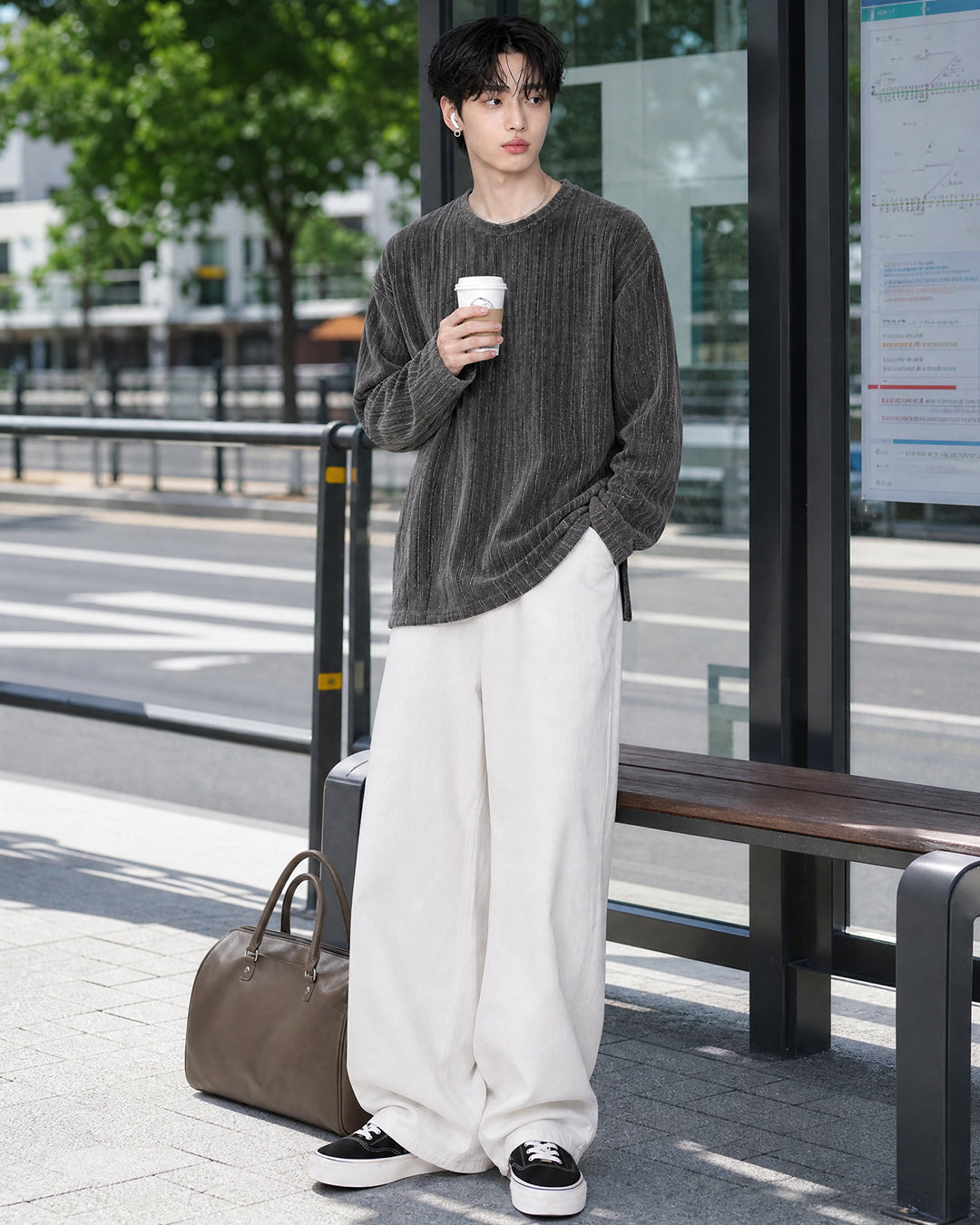 (UNISEX) Velour Ribbed Round Long Sleeve
