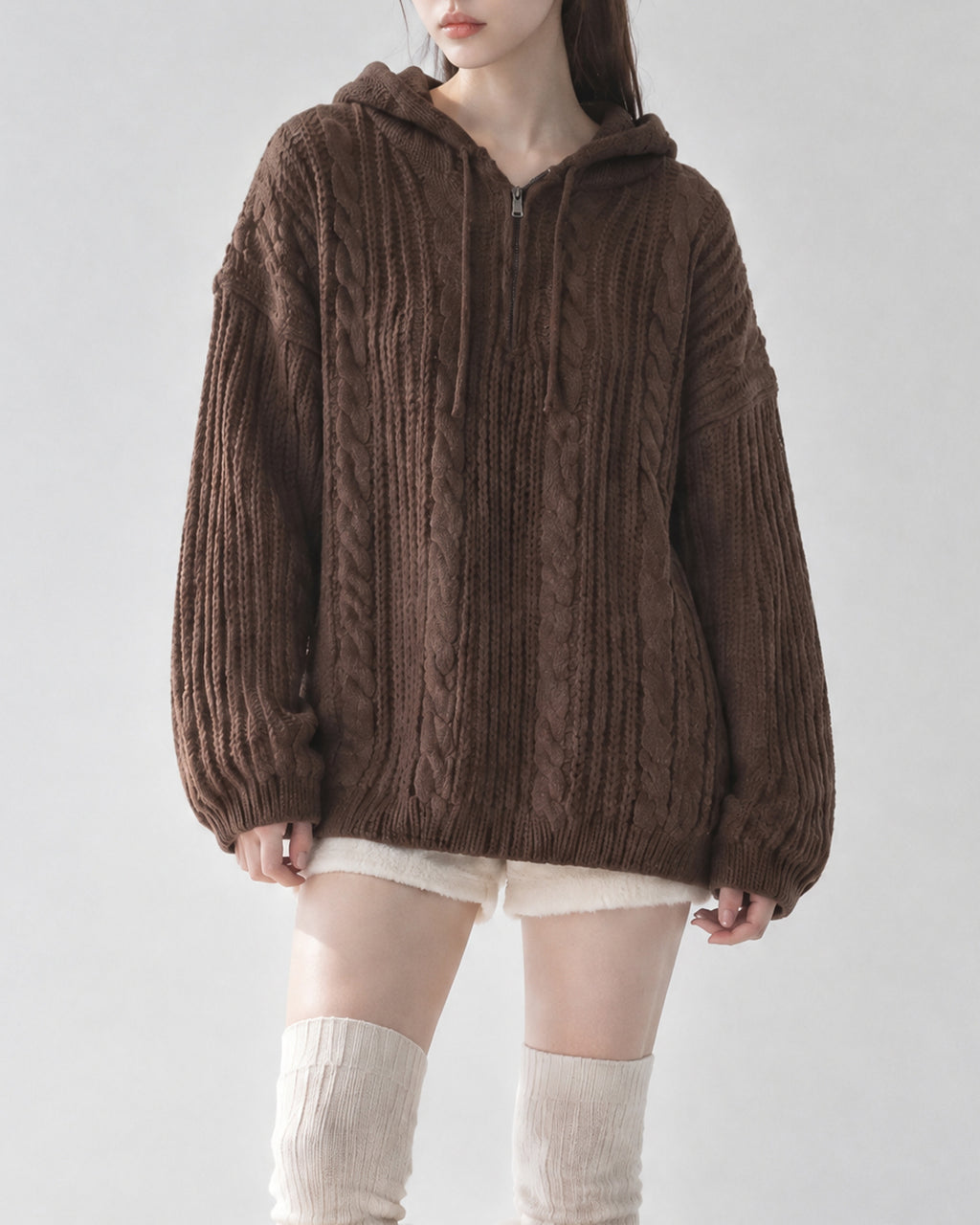 (UNISEX) Follow Half Zip Cable Knit Hoodie
