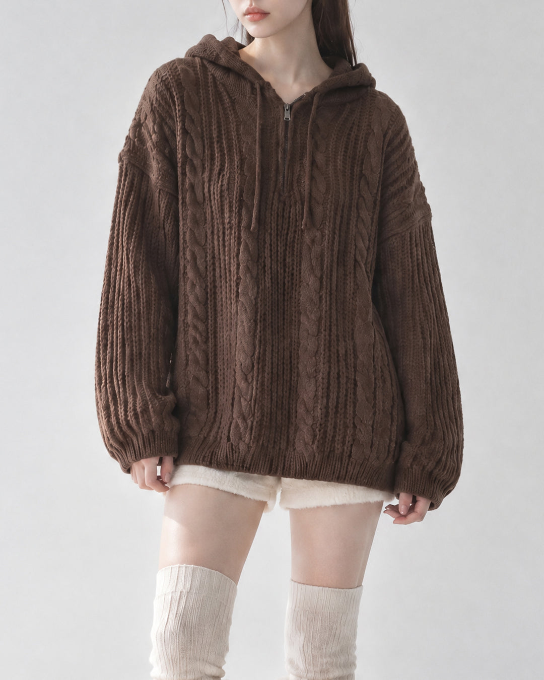 (UNISEX) Follow Half Zip Cable Knit Hoodie