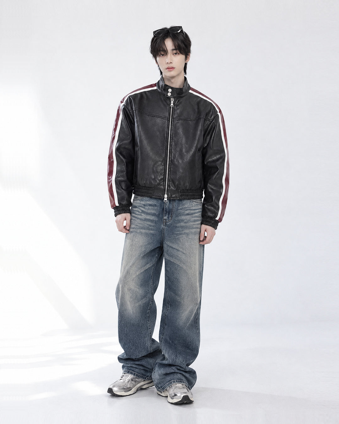 (UNISEX) Racing Contrast Cropped Faux Leather Jacket