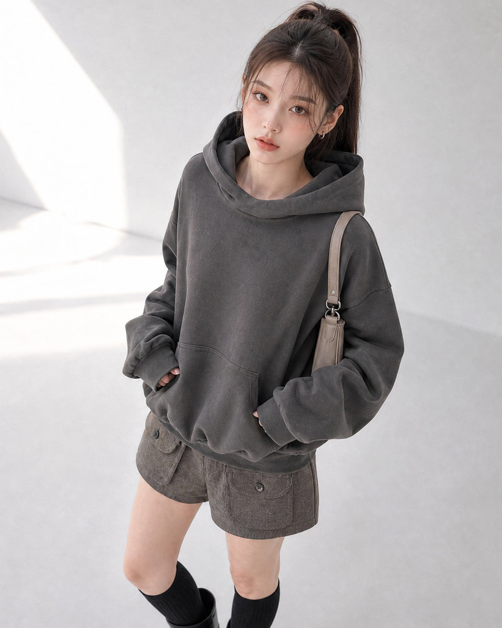 (UNISEX) Half High Neck Crop Hoodie