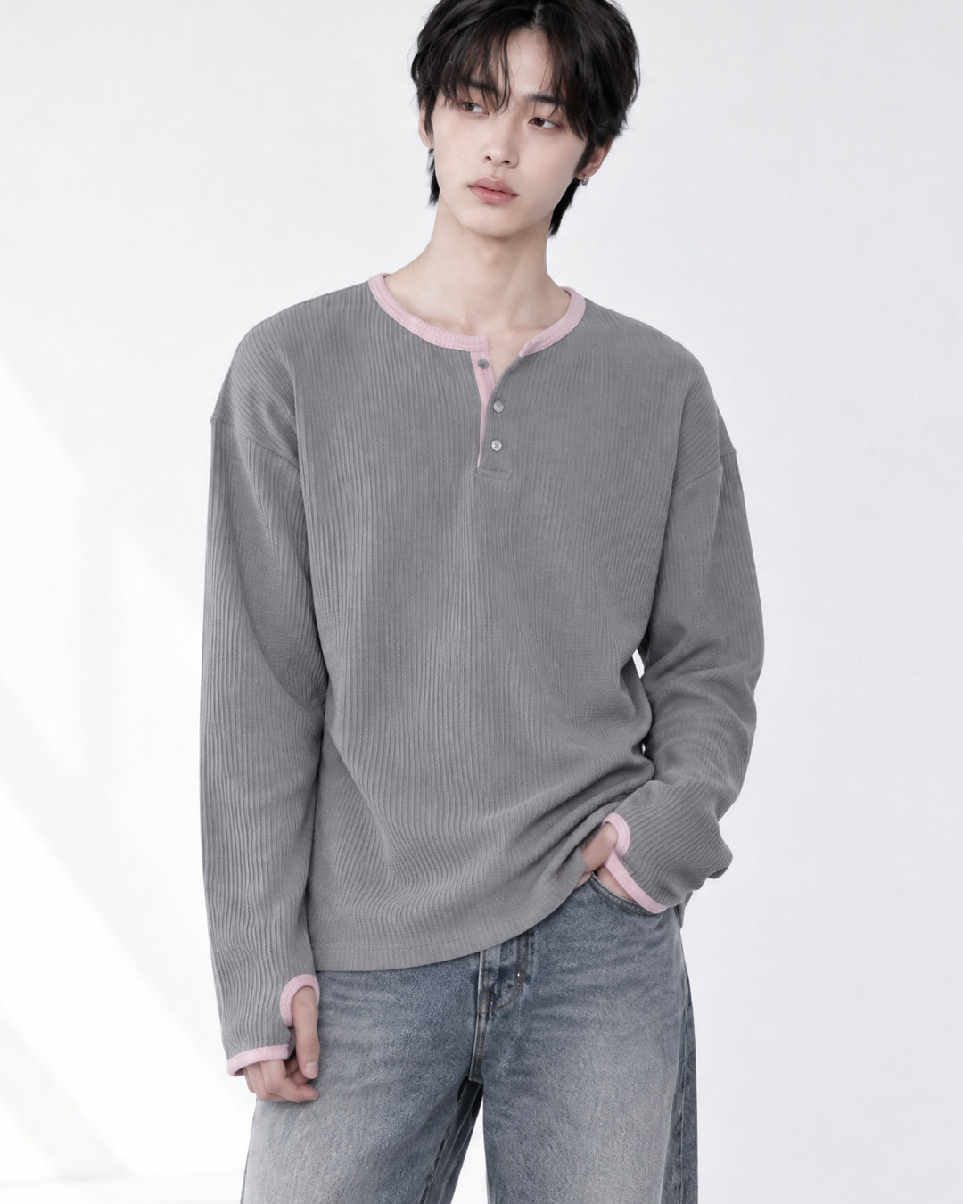 (UNISEX) Henley Neck Waffle Warmer Tee