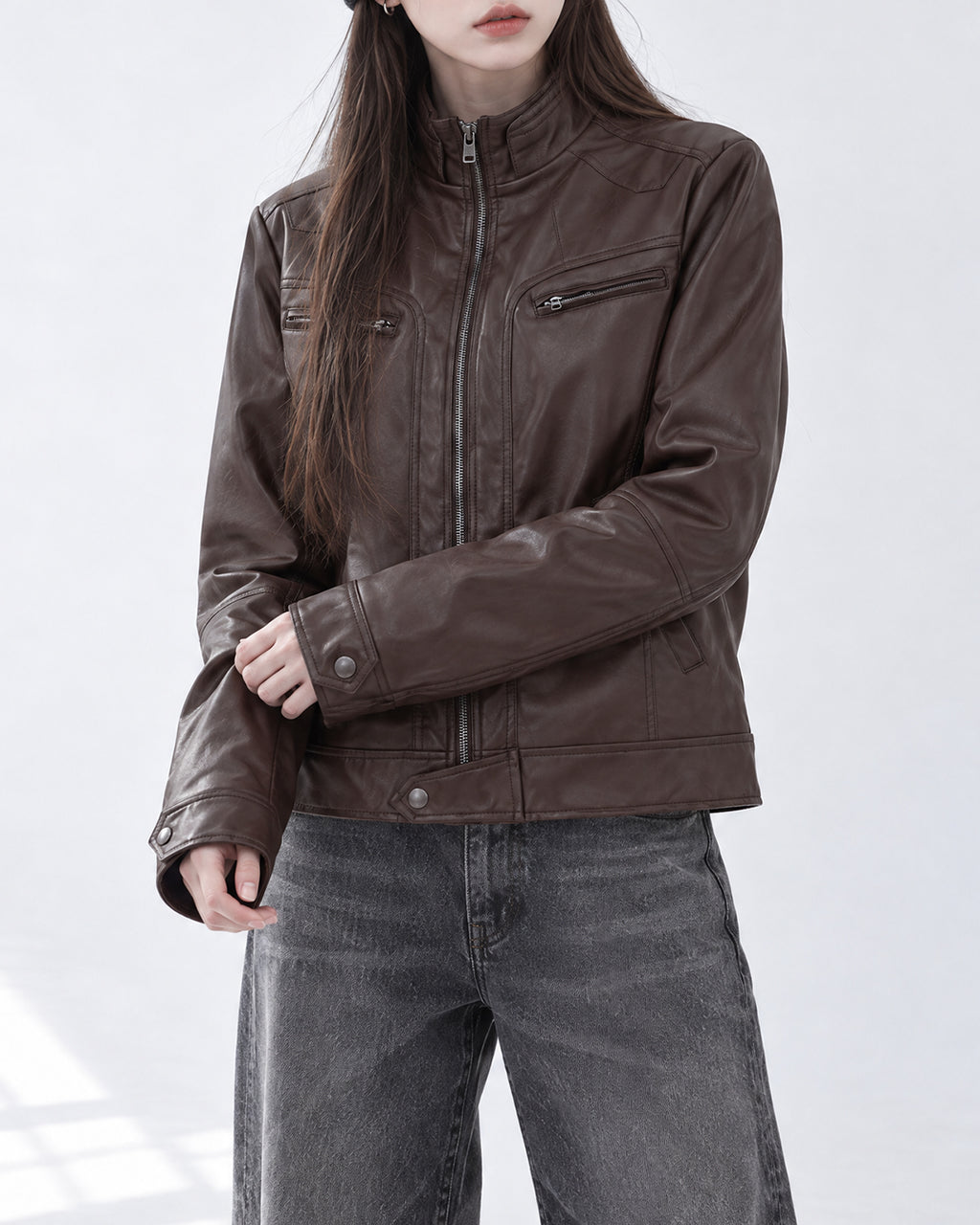 (UNISEX) Paneled Leather Jacket