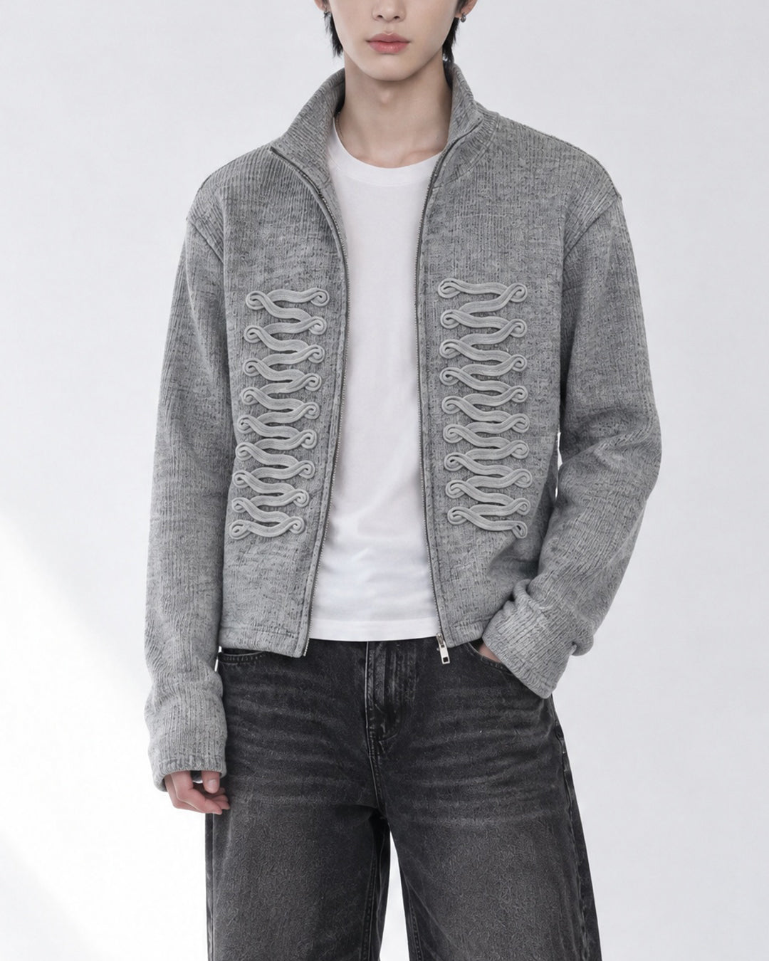 (UNISEX) Napoleon Braid Knit Zip Up