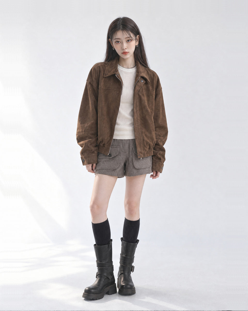 (UNISEX) Ar Paneled Suede Crop Jacket